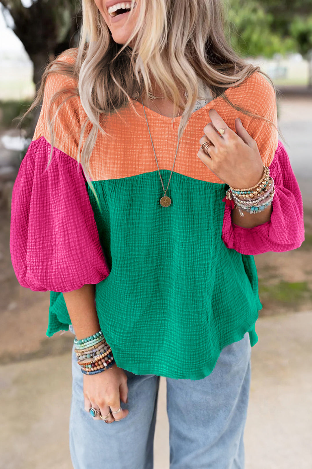 Crinkle Bubble Sleeve Color Block Blouse