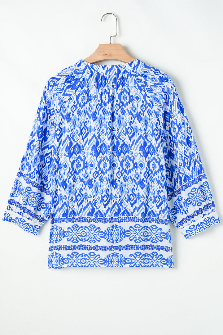 Boho Printed 3/4 Sleeve Tied Neck Blouse