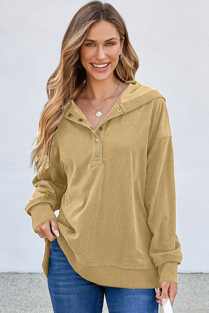 Solid Ribbed Knit Buttoned Drop Shoulder Oversized Hoodie