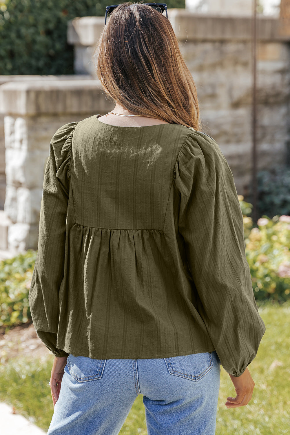 Embroidered Split Neck Pleated Loose Blouse