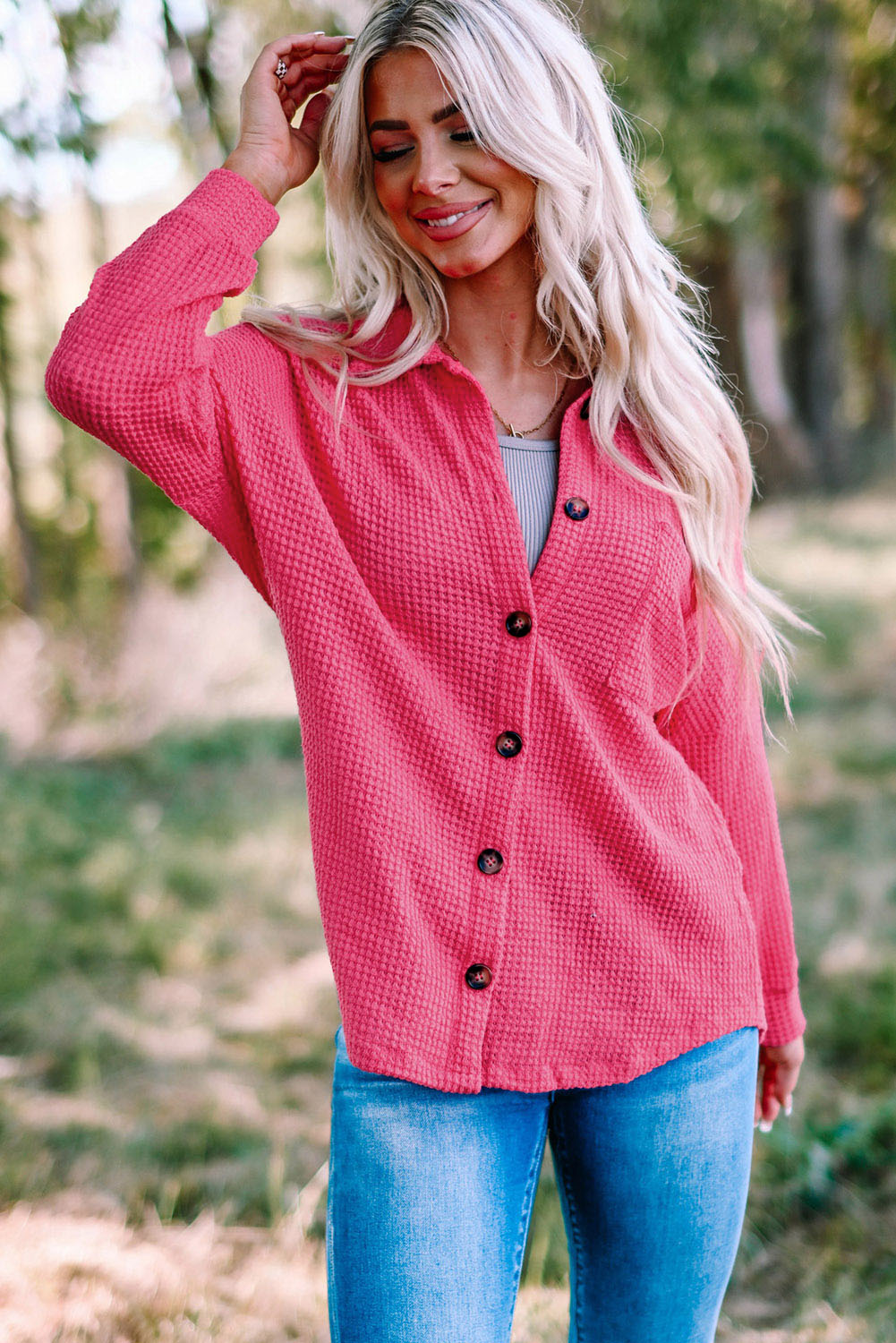 Waffle Knit Button Up Casual Shirt