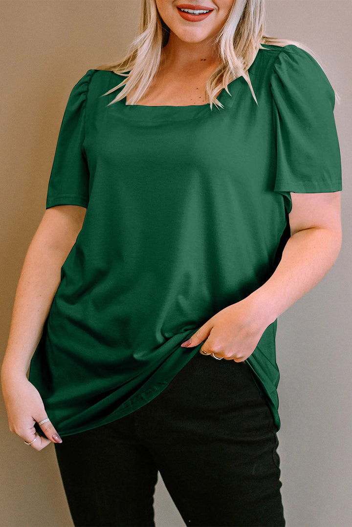 Plus Size Square Neck Ruched Shoulder Short Sleeve Top