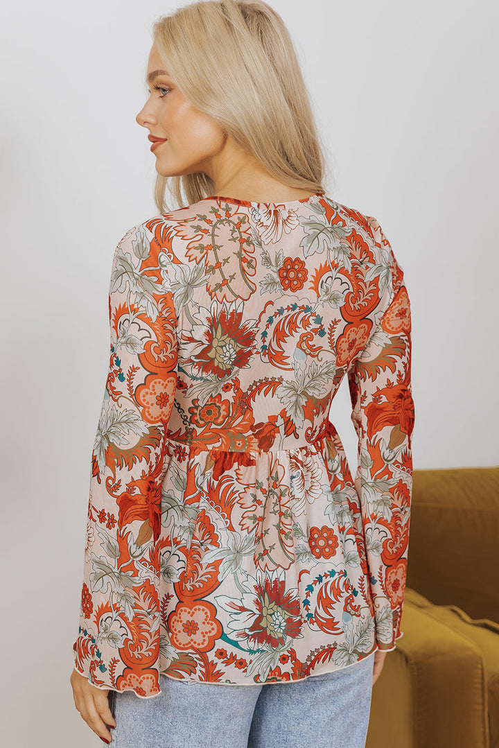 Floral Print Deep V Neck Knot Bell Sleeve Blouse