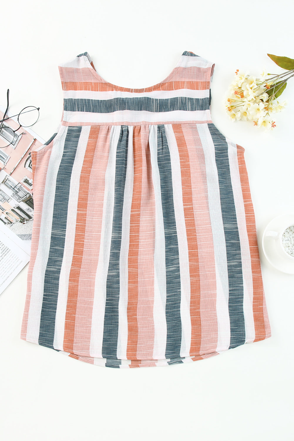 Split V Neck Striped Print Tank Top