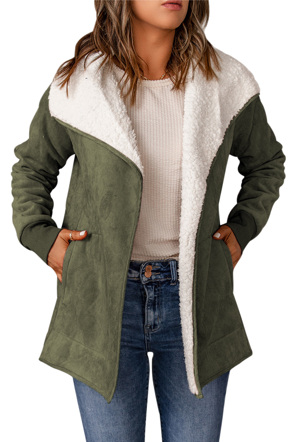 Faux Suede Fleece Lined Open Front Jacket