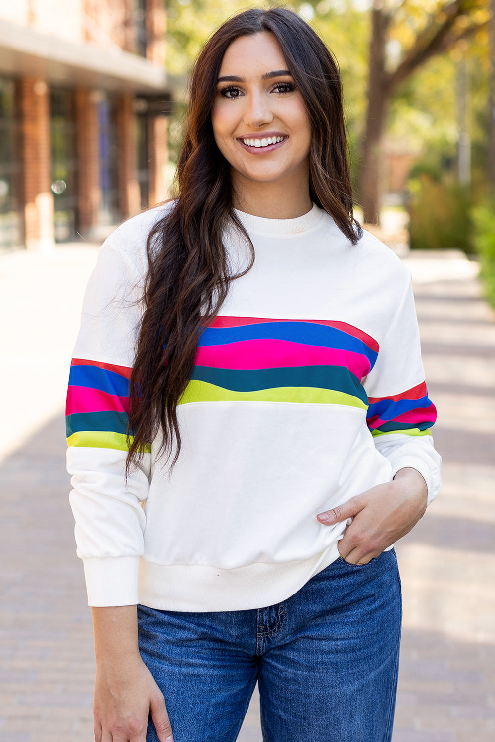 Colorful Striped Accent Long Sleeve T Shirt