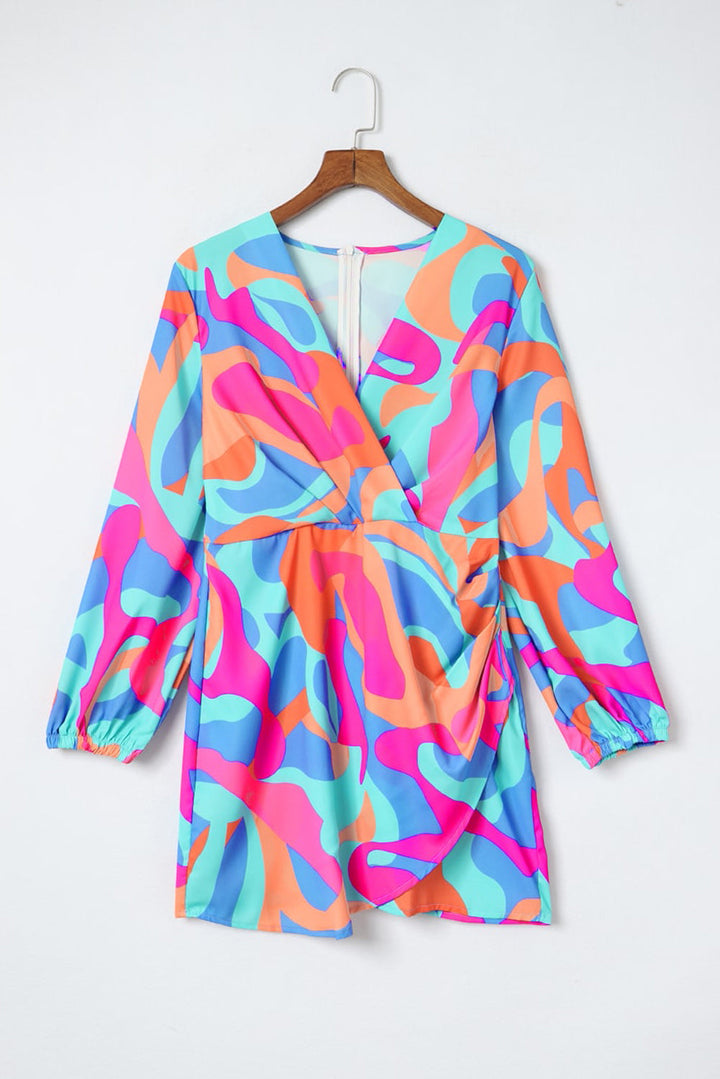 Abstract Print Wrap V Neck Puff Sleeve Dress