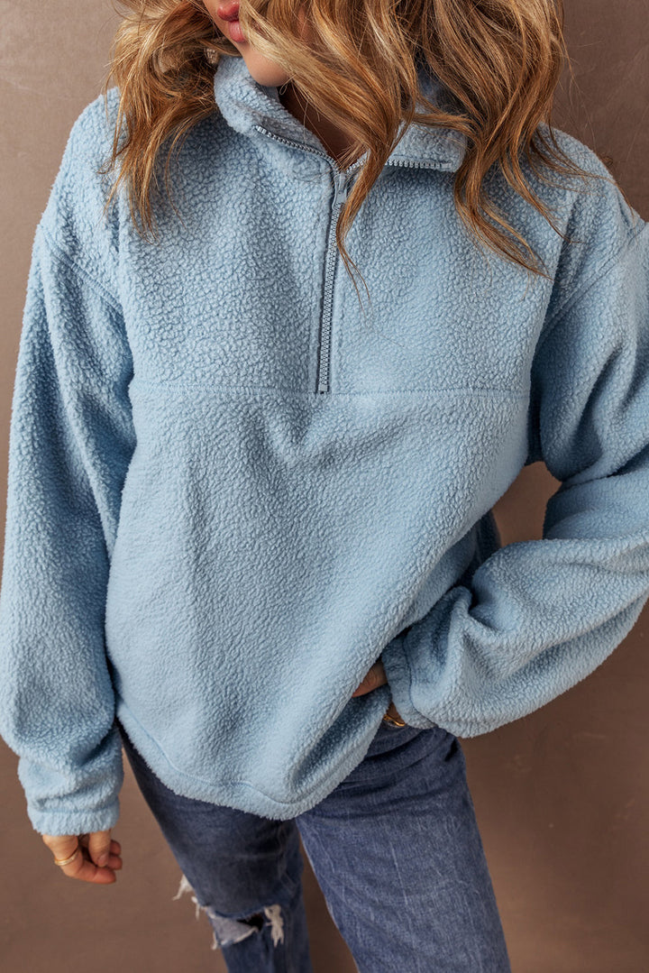 Collared Zipper Drop Shoulder Fleece Sweatshirt