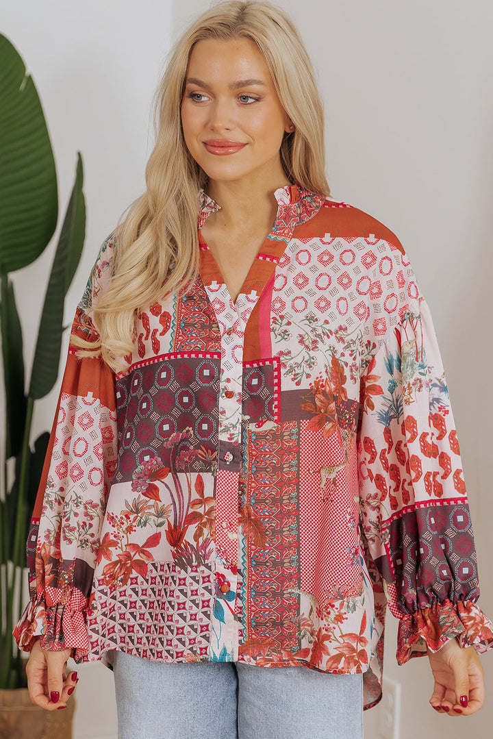 Boho Geometric Mixed Print Patchwork Bubble Sleeve Shirt