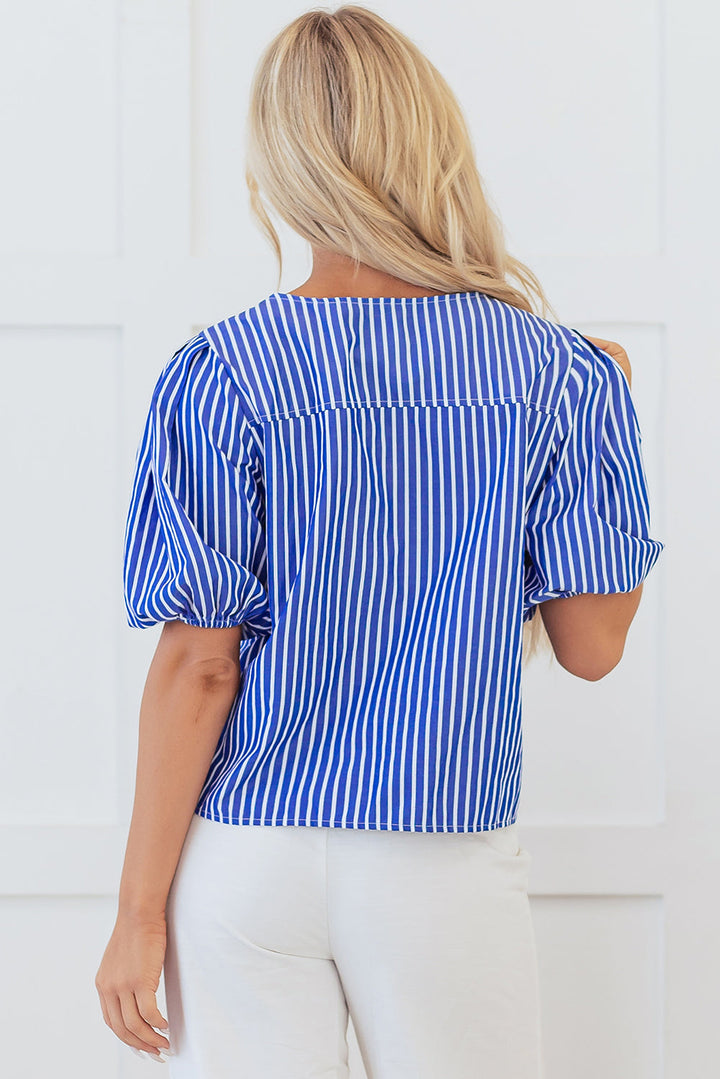 Tied Front Puff Short Sleeve Blouse