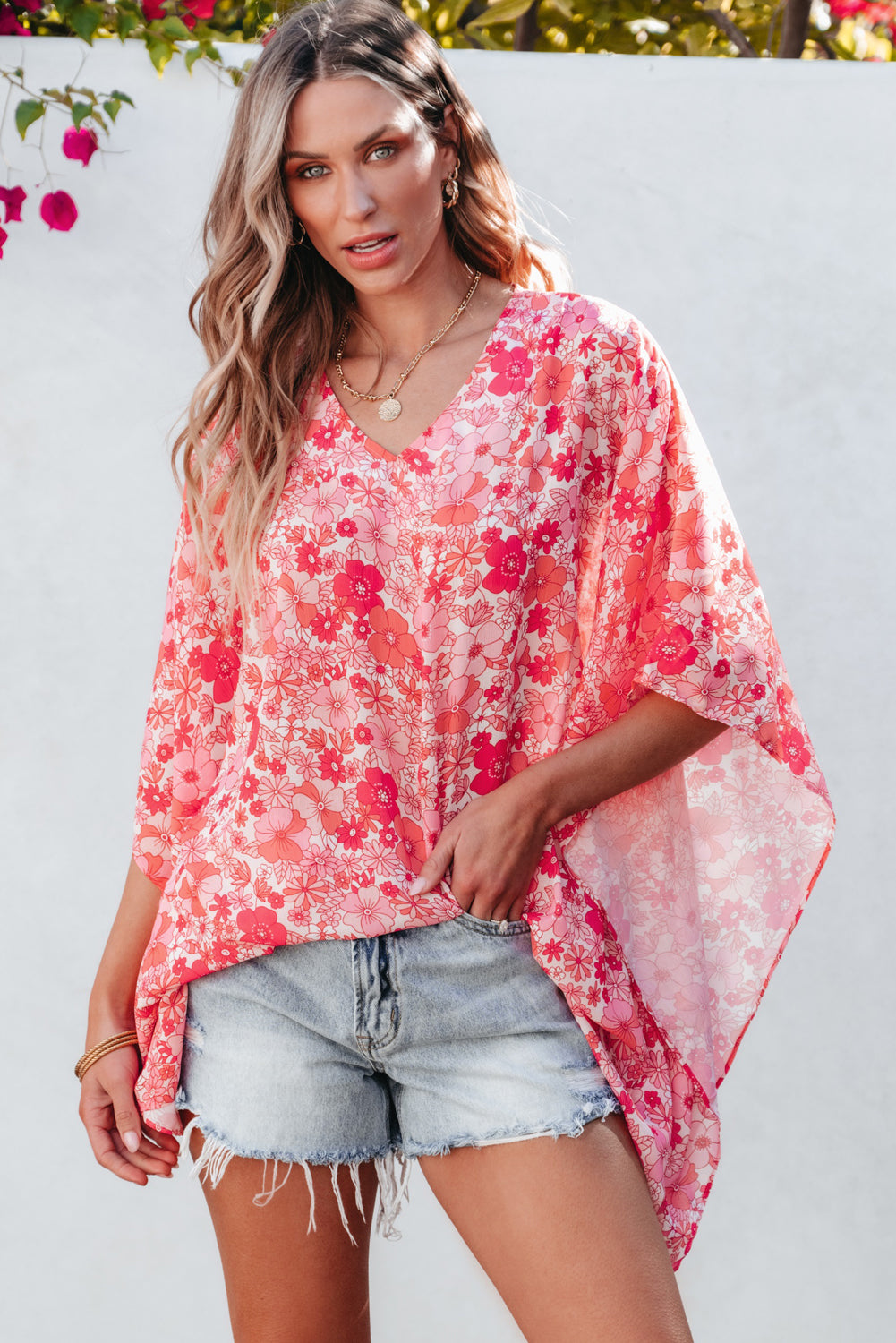 Boho Floral V Neck Kimono Style Blouse