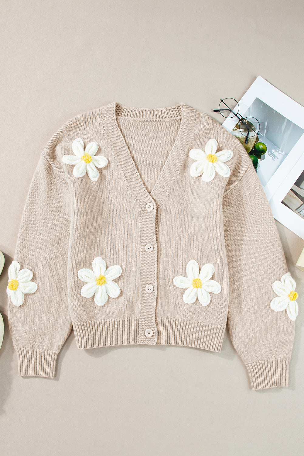 Elegant Flower Decor Button Front Cardigan