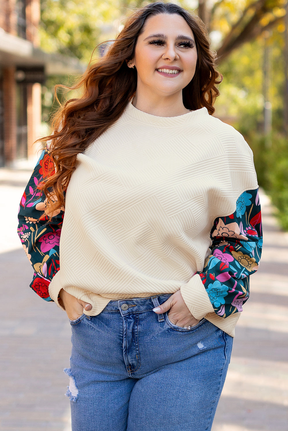 Floral Patchwork Sleeve Textured Plus Size Pullover Top