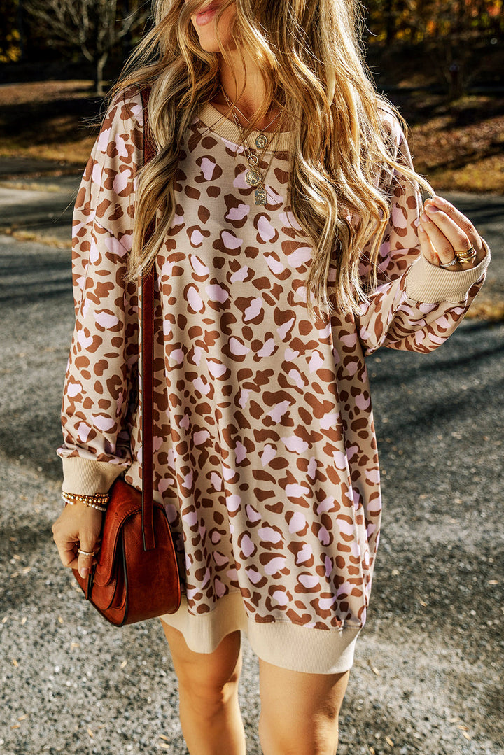 Leopard Print Side Pockets Long Sleeve Mini Dress