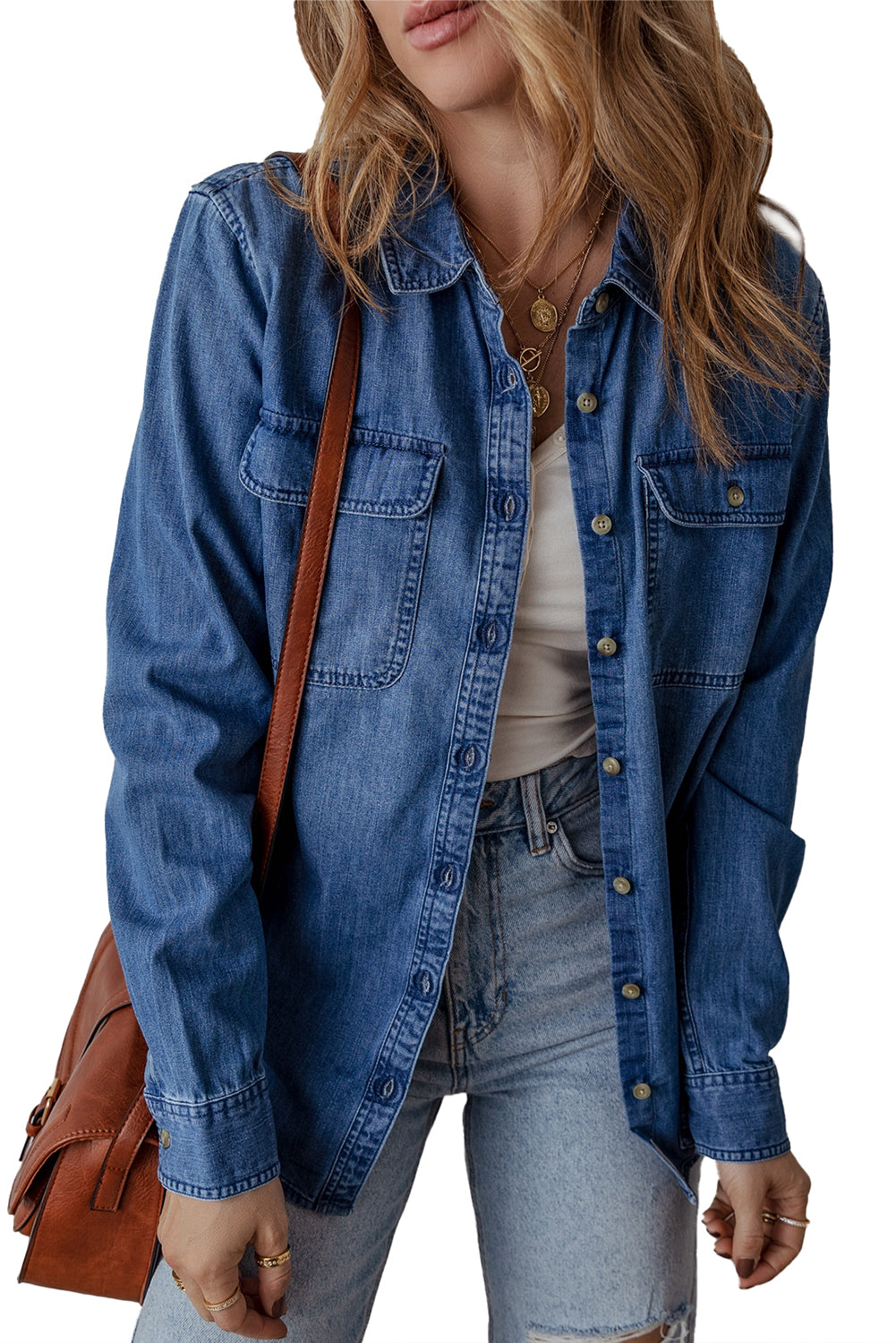 Flap Pocket Button Up Denim Shacket