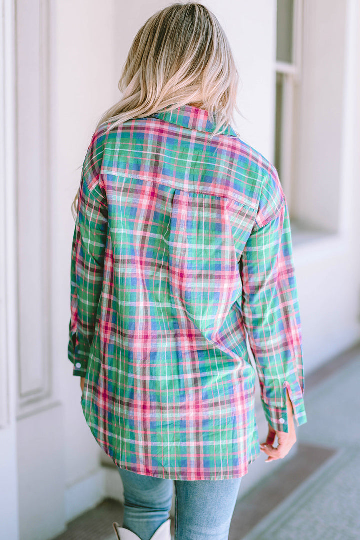 Plaid Long Sleeve Button Down Split Shirt