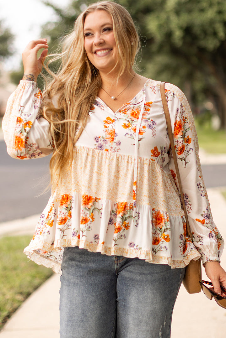 Plus Size Floral Print V Neck Puff Sleeve Blouse