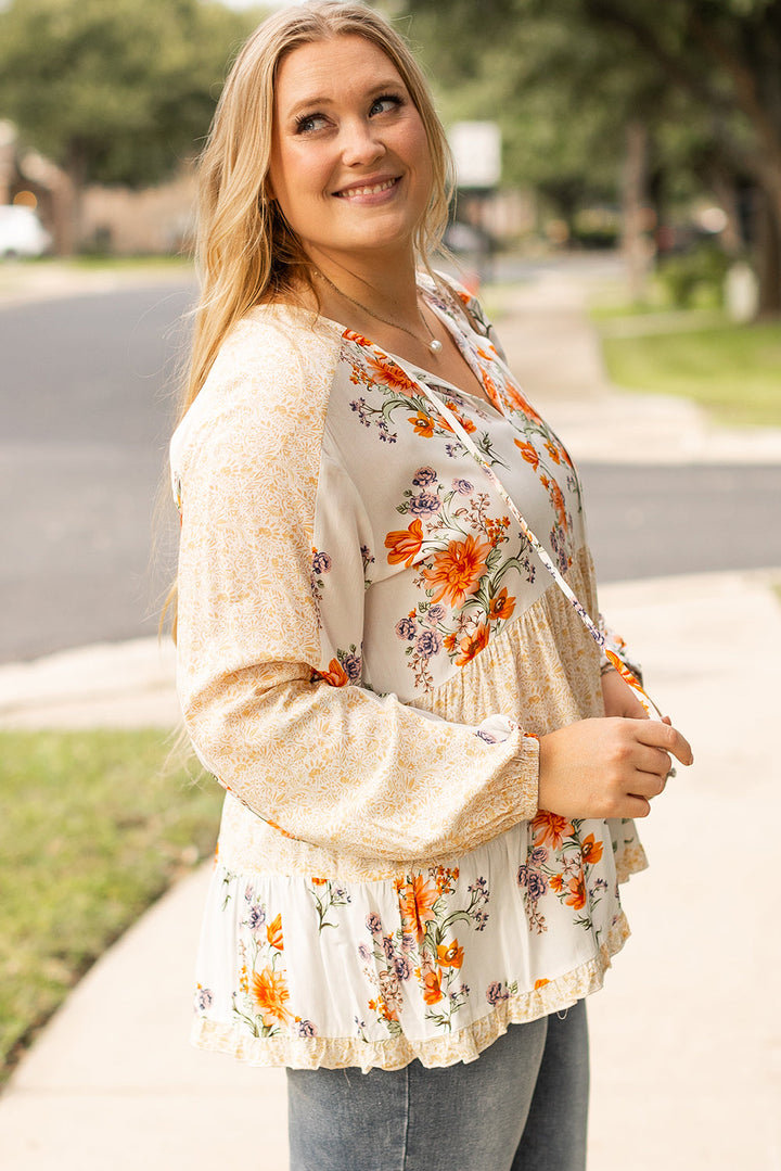 Plus Size Floral Print V Neck Puff Sleeve Blouse