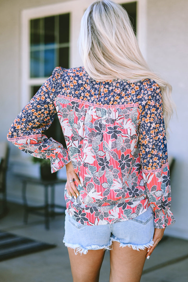 Mix Floral Balloon Sleeve Ruffled Cuff Blouse