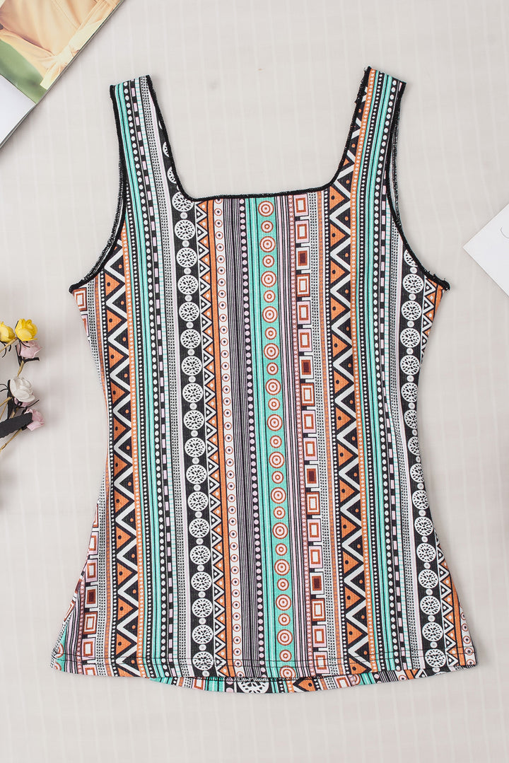 Western Geo Printed Square Neck Tank Top