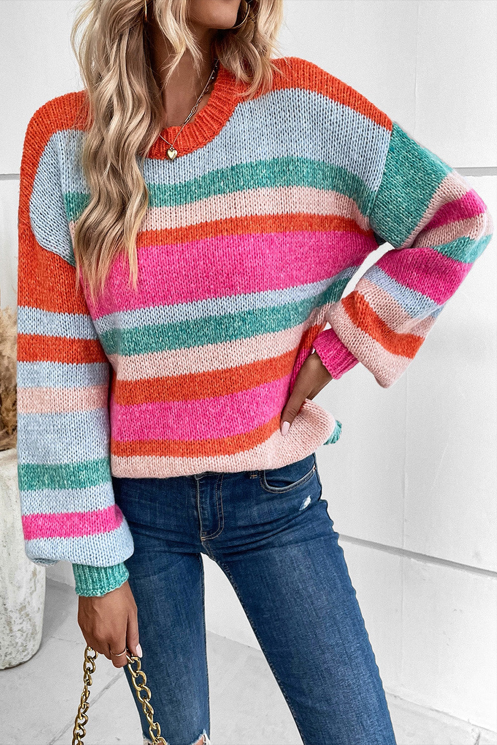 Striped Knit Drop Shoulder Puff Sleeve Sweater