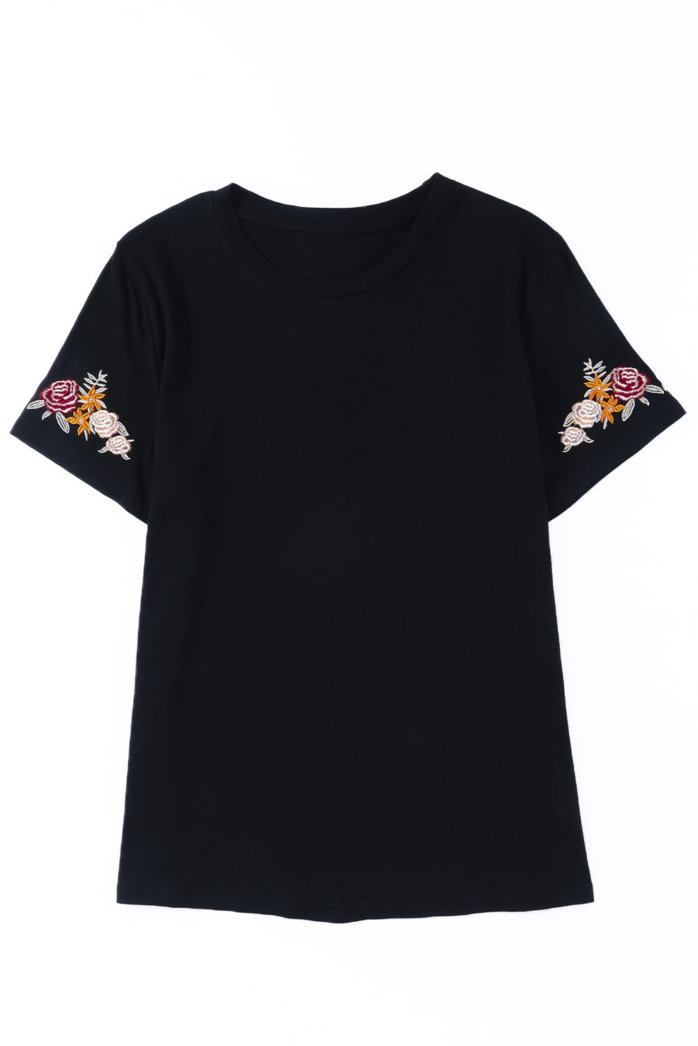 Floral Embroidered Round Neck Short Sleeve T Shirt