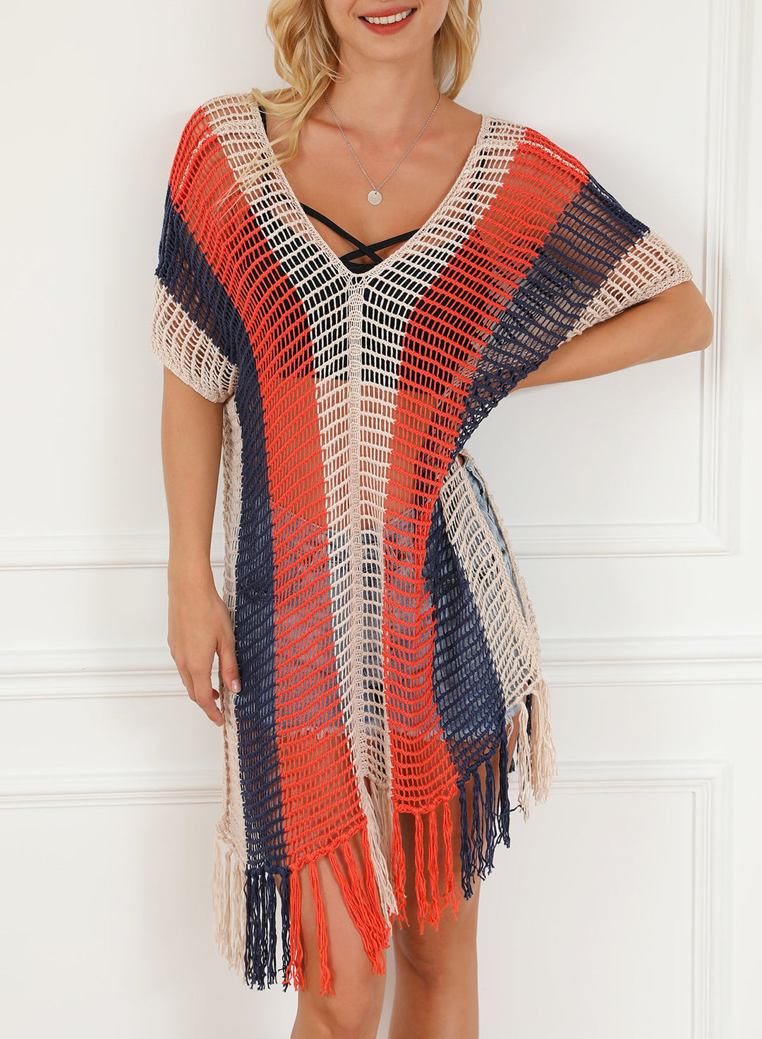 Striped Tassel Crochet V Neck Beach Cover Up