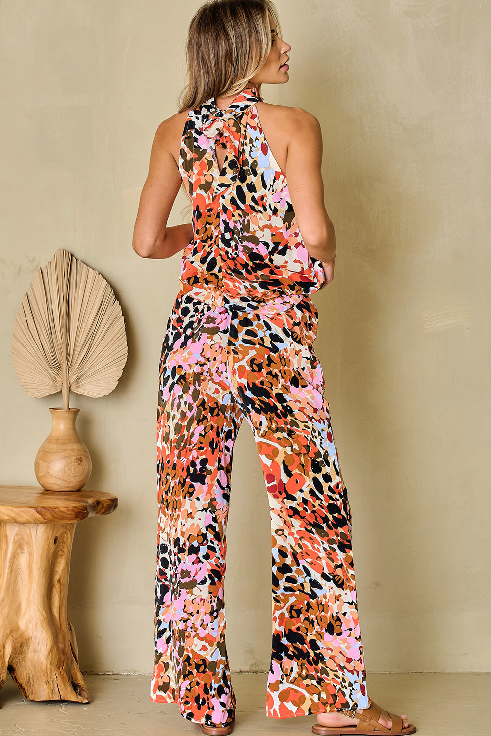 Multicolor Leopard Print Halter Tank Top and Pants Set