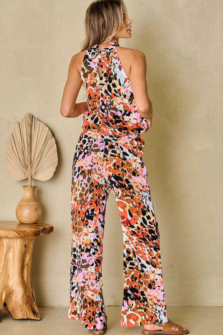 Multicolor Leopard Print Halter Tank Top and Pants Set