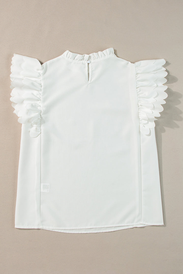 White Solid Color Scalloped Ruffle Sleeve Top