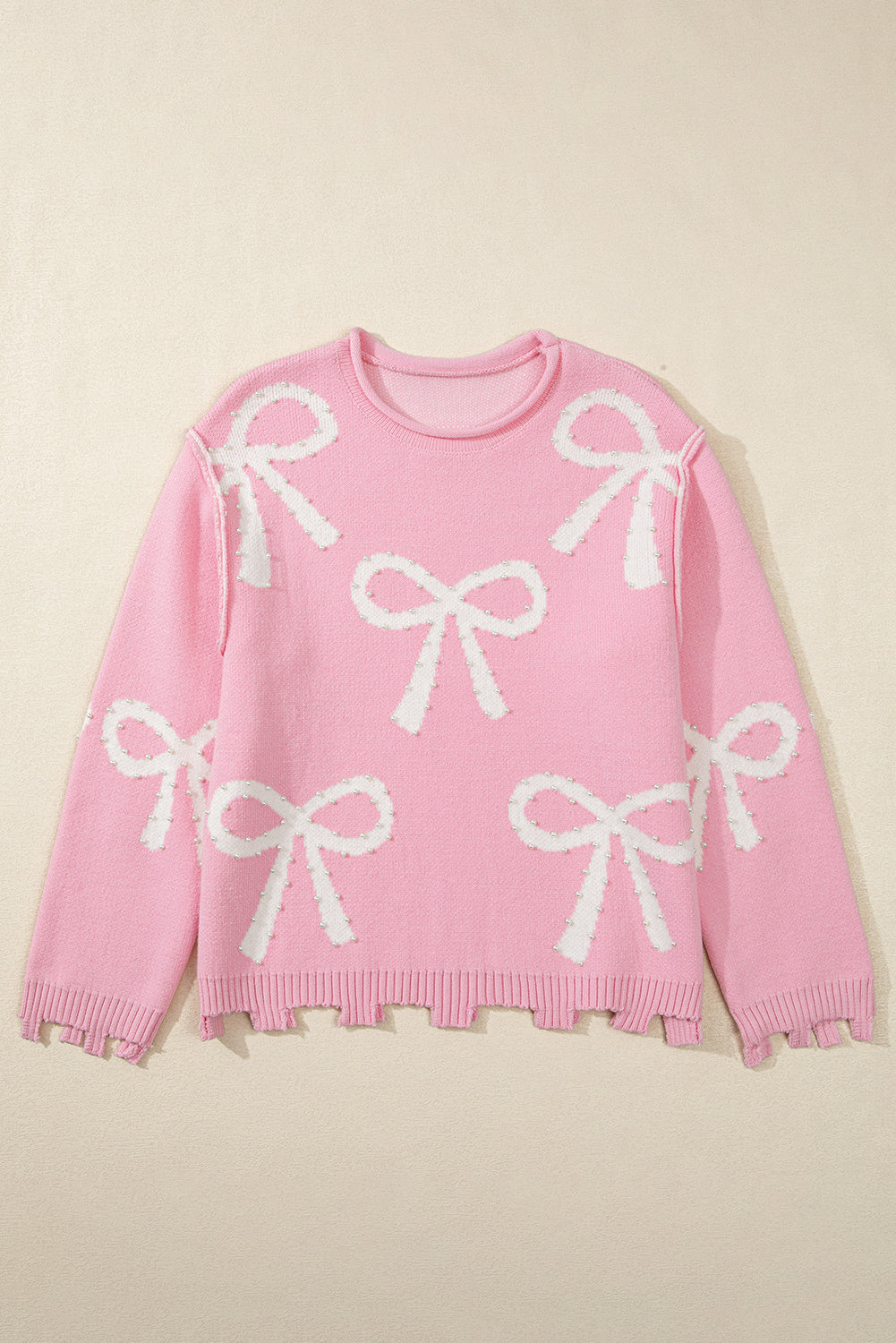 Pearl Beaded Bowknot Pattern Distressed Split Hem Sweater