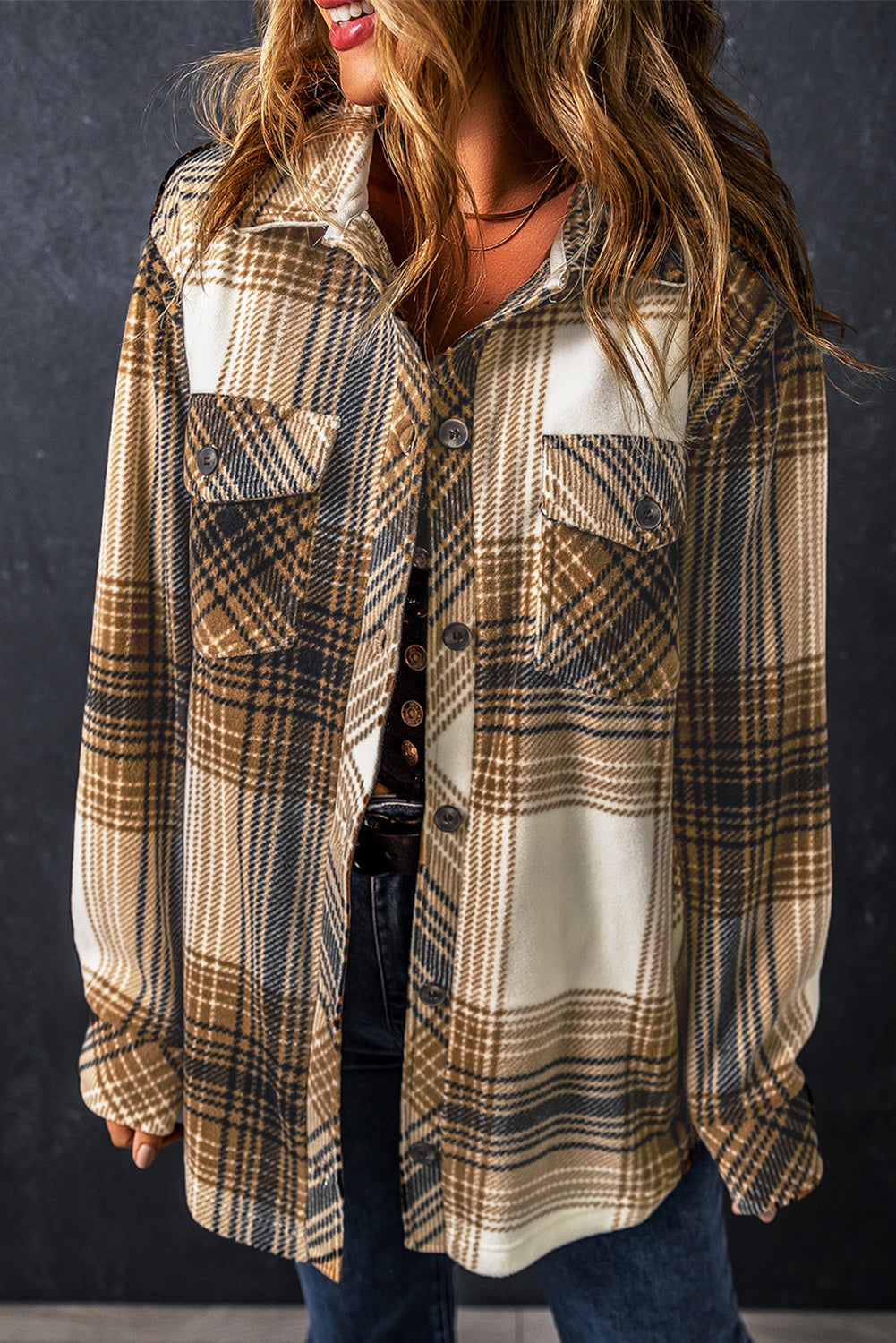 Plaid Print Flap Pocket Button Up Shacket