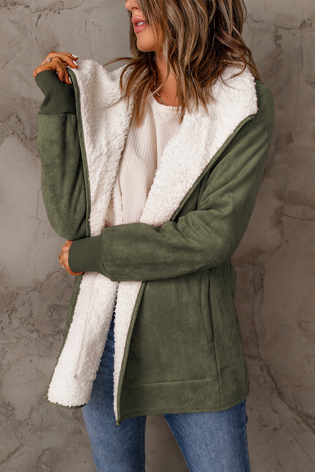 Faux Suede Fleece Lined Open Front Jacket