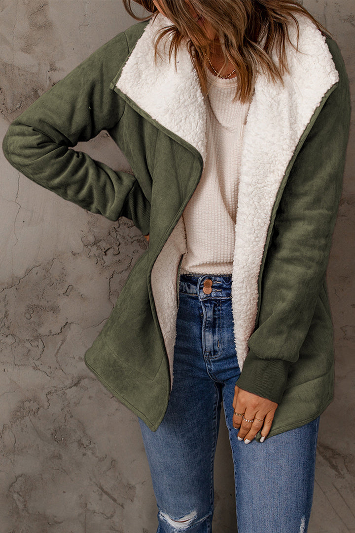 Faux Suede Fleece Lined Open Front Jacket