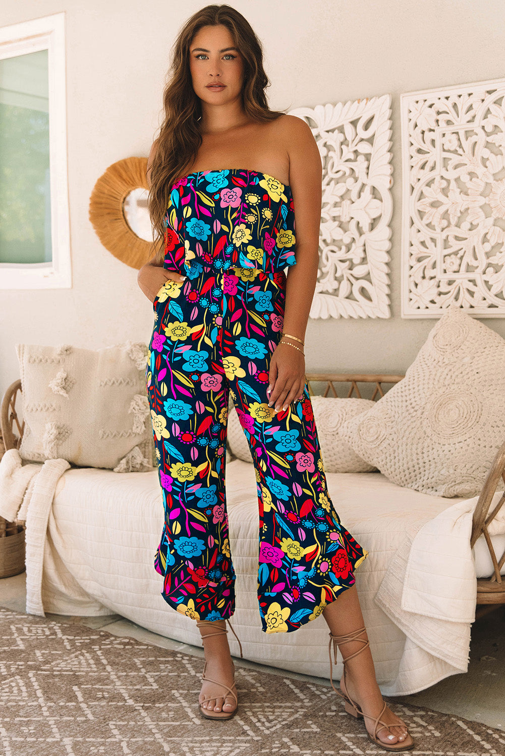 Mix Tropical Print Strapless Ruffled Jumpsuit