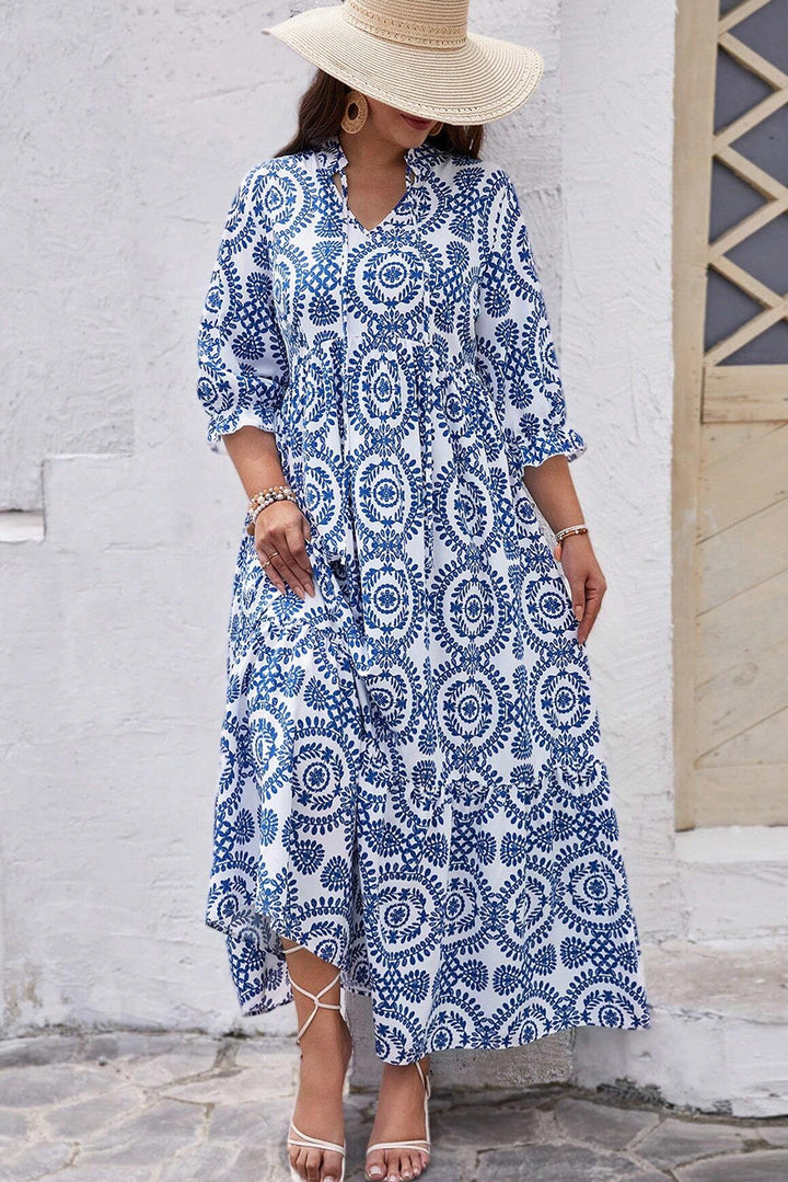 Geometric Print Lace-up Notch Neck Plus Size Maxi Dress