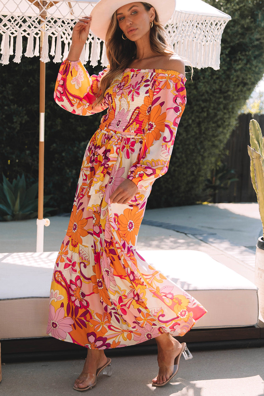 Multicolour Boho Floral Smocked Off Shoulder Puff Sleeve Maxi Dress