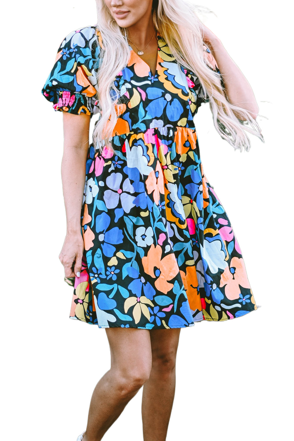 Blue Collared Split Neck Floral Flared Dress