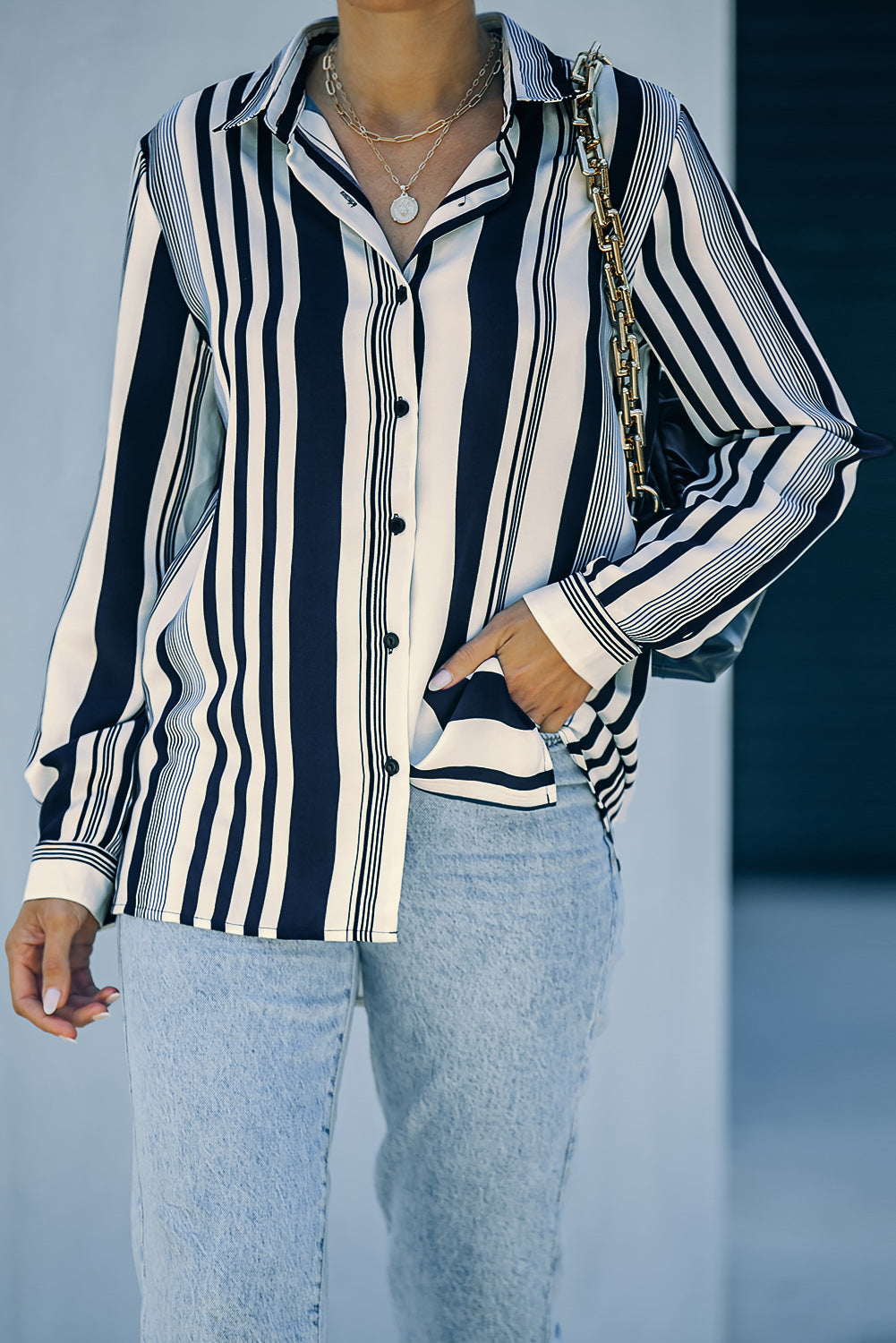 Navy Striped Modern Women Shirt