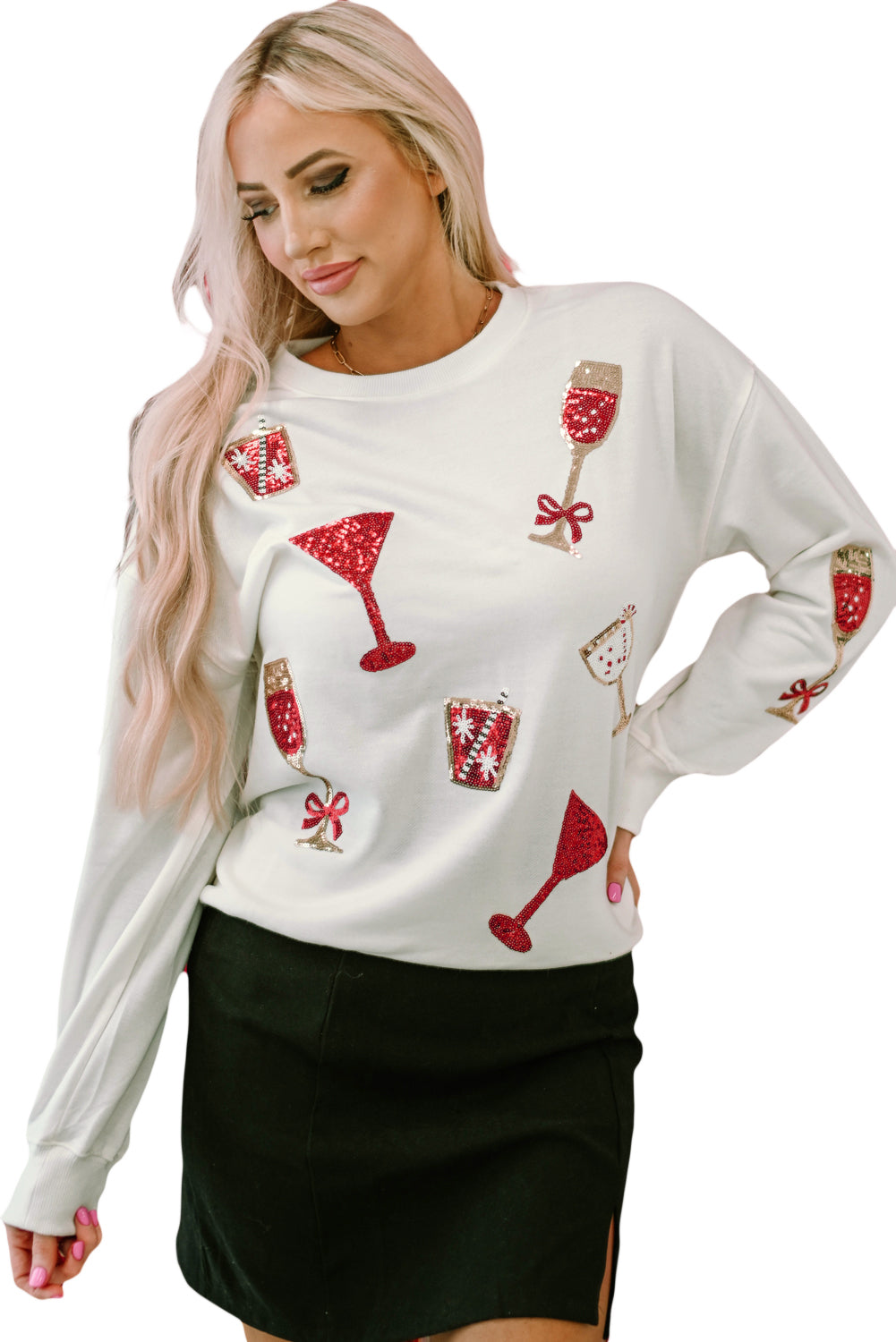 Sequin Cheers Wineglasses Christmas Sweatshirt