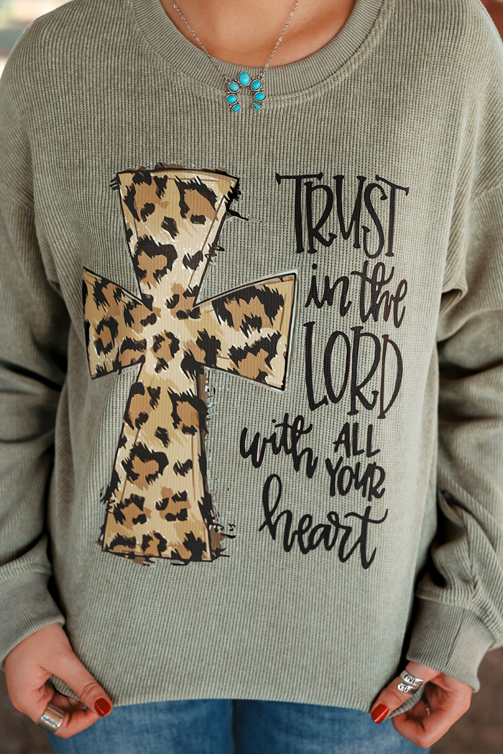 Leopard Jesus Cross Corded Oversized Sweatshirt