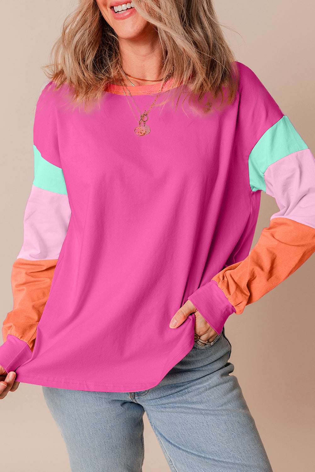 Colorblock Patchwork Long Sleeve Loose Top