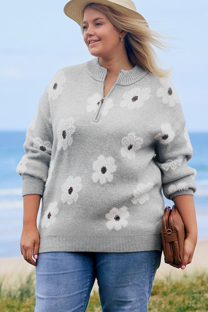 Plus Size Embroidered Floral Pattern Half Zip Sweater