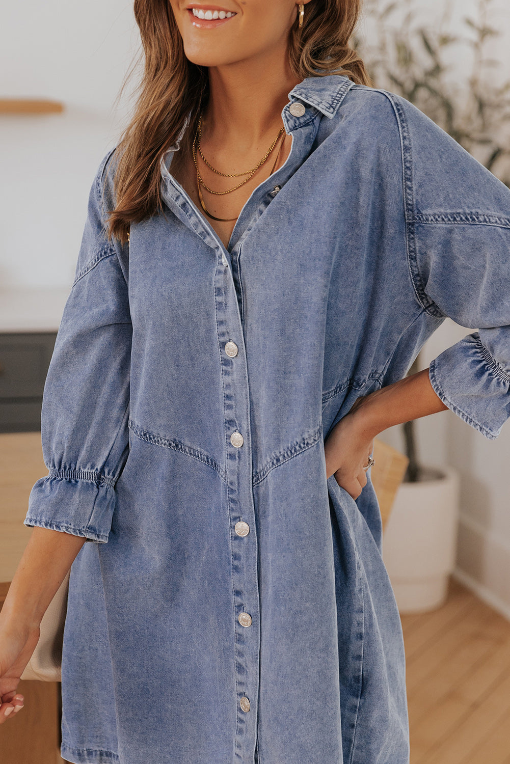 Buttoned Long Sleeve Denim Mini Dress