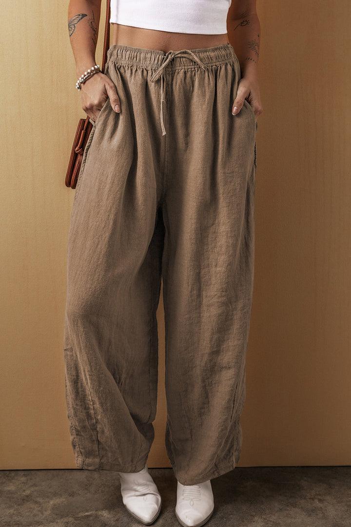 Cotton Linen Drawstring Waist Wide Leg Pants