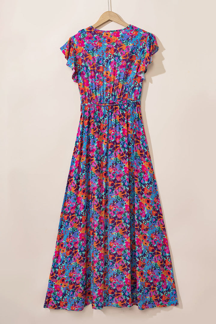 Floral Print V Neck Wrap Split Maxi Dress