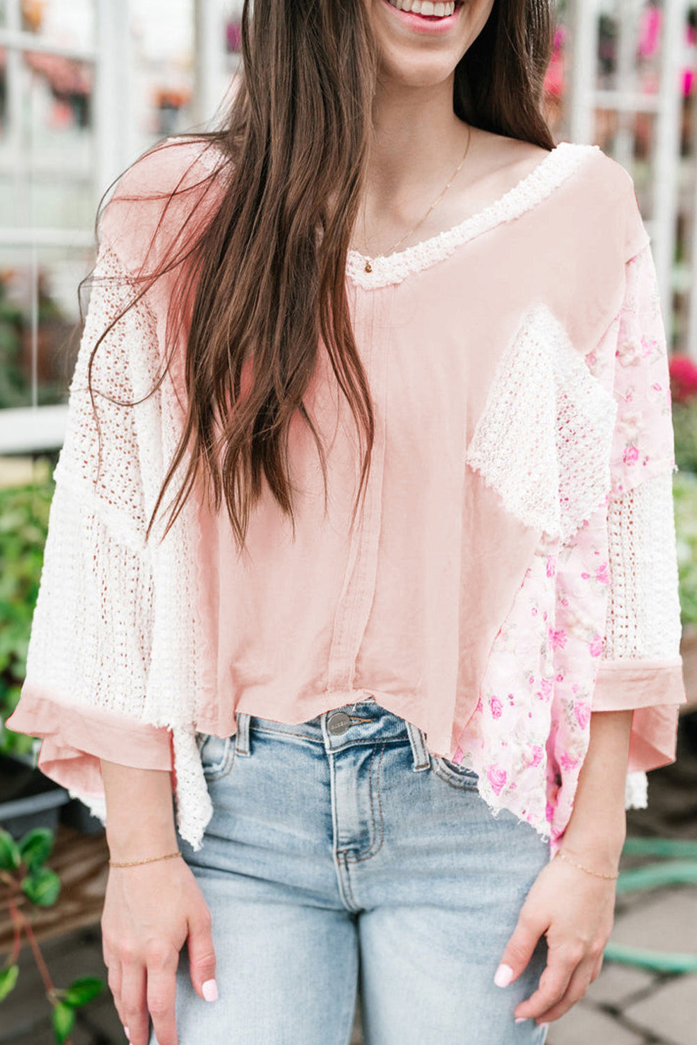 Floral Lace Crochet Patchwork Batwing Sleeve Blouse