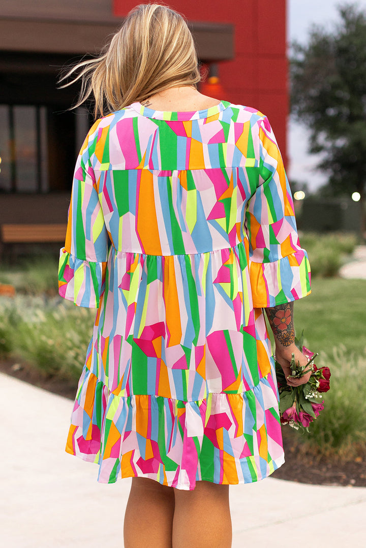 Plus Size Vibrant Abstract Print Tiered Ruffled Mini Dress