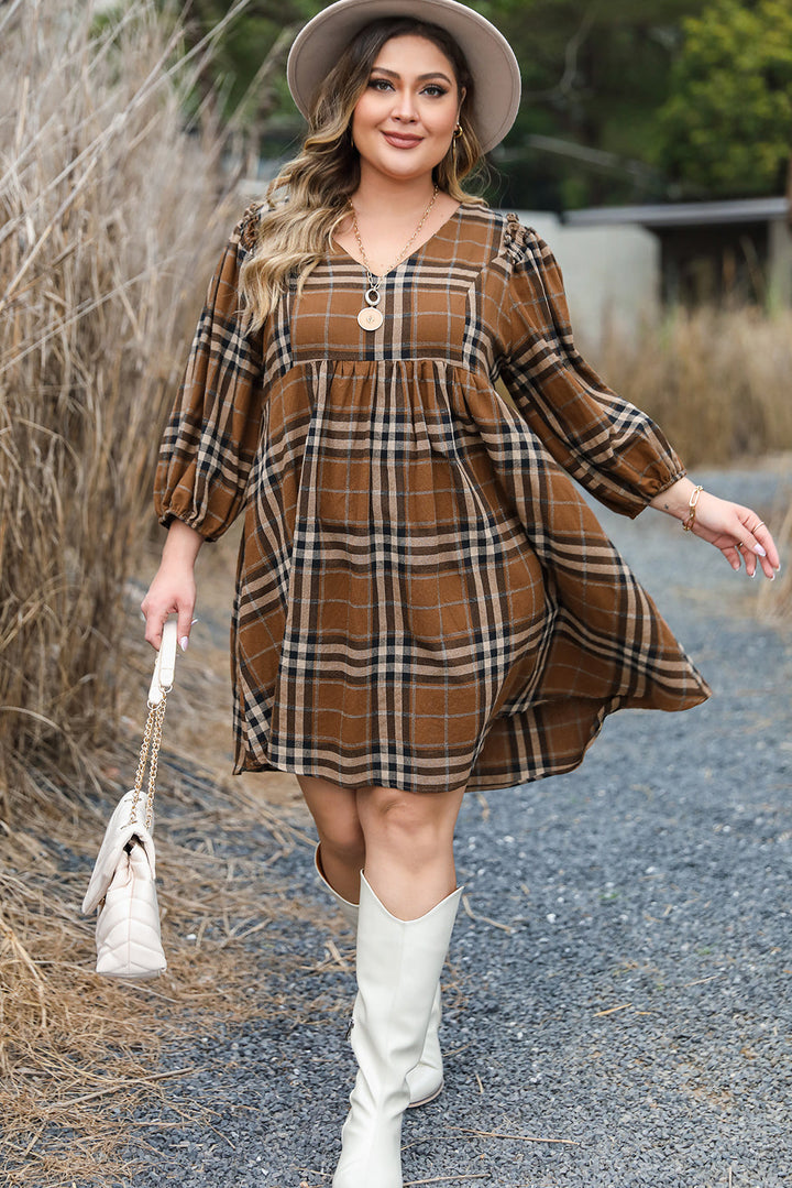 Plaid V Neck Plus Size Babydoll Dress