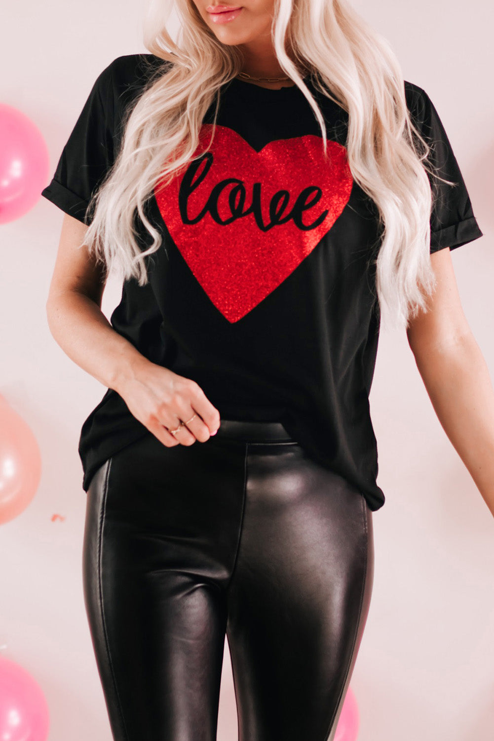 Love Heart Shaped Glitter Print T Shirt